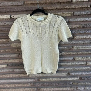 Helen Hsu Vintage Beige Cable Knit Short Sleeve 100% Cotton Sweater Size Small